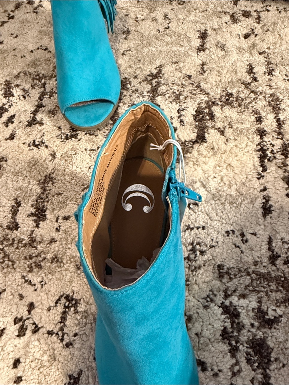 Turquoise Fringe Peep-Toe Ankle Boots - Women's - Picture 8 of 9